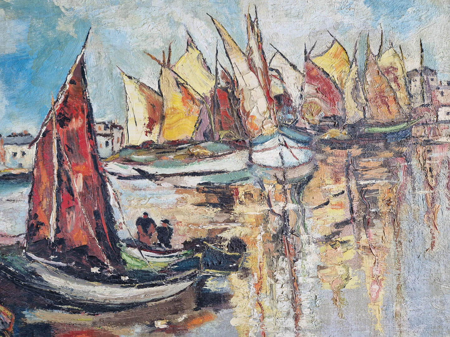 French boat oil painting French art Mid century oil painting.