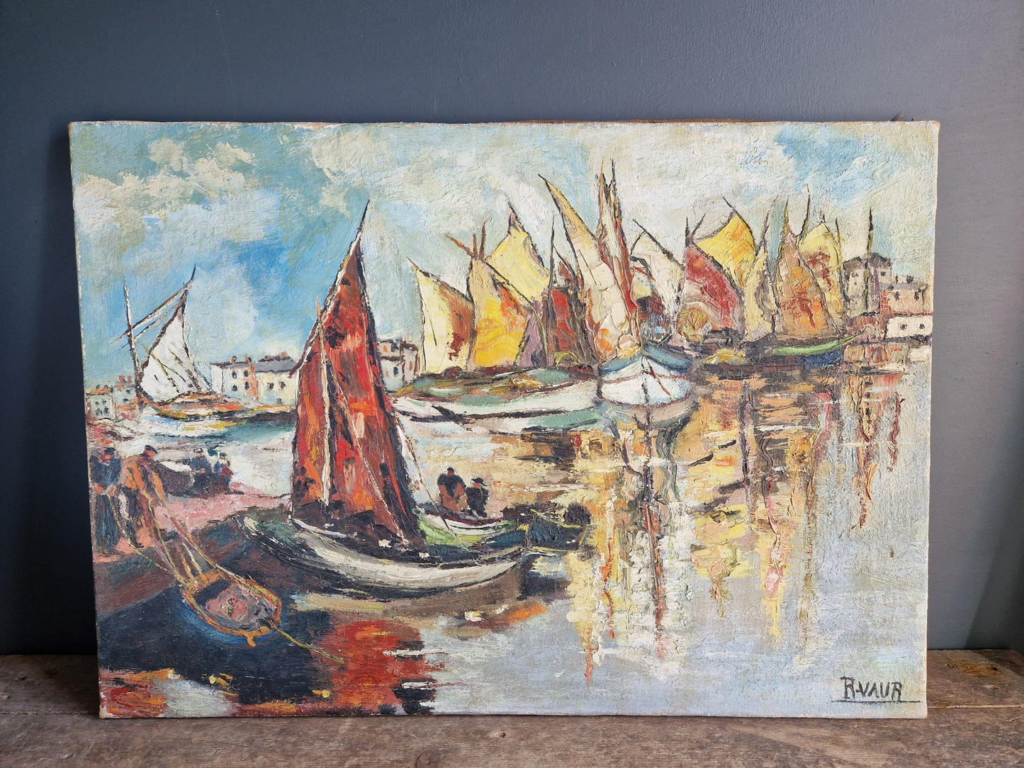 French boat oil painting French art Mid century oil painting.
