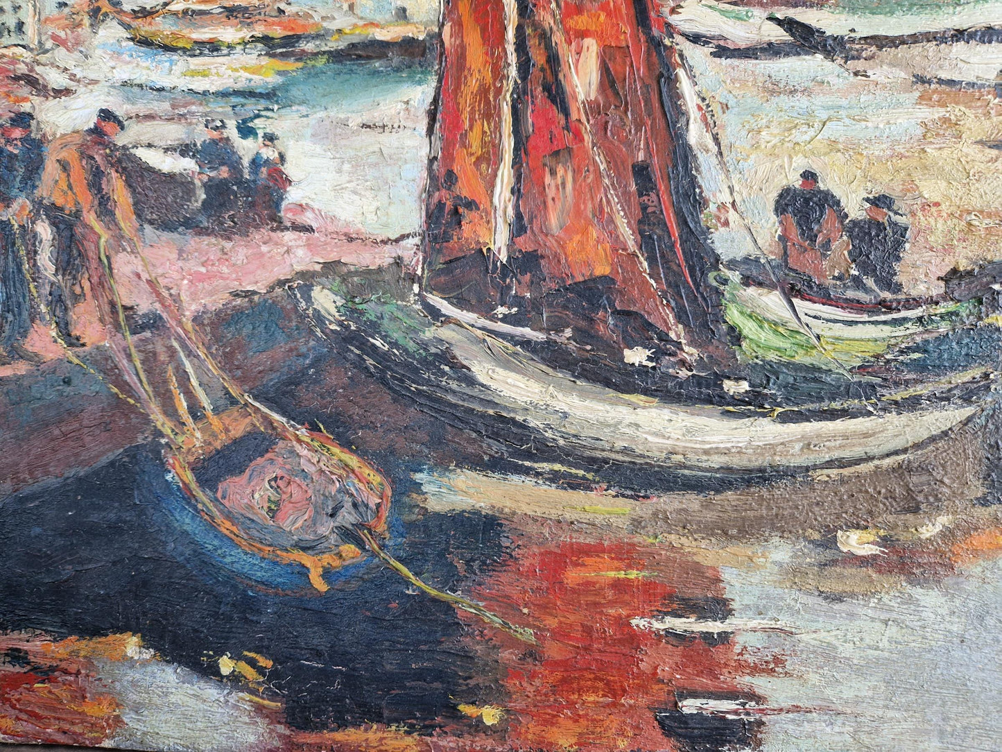 French boat oil painting French art Mid century oil painting.