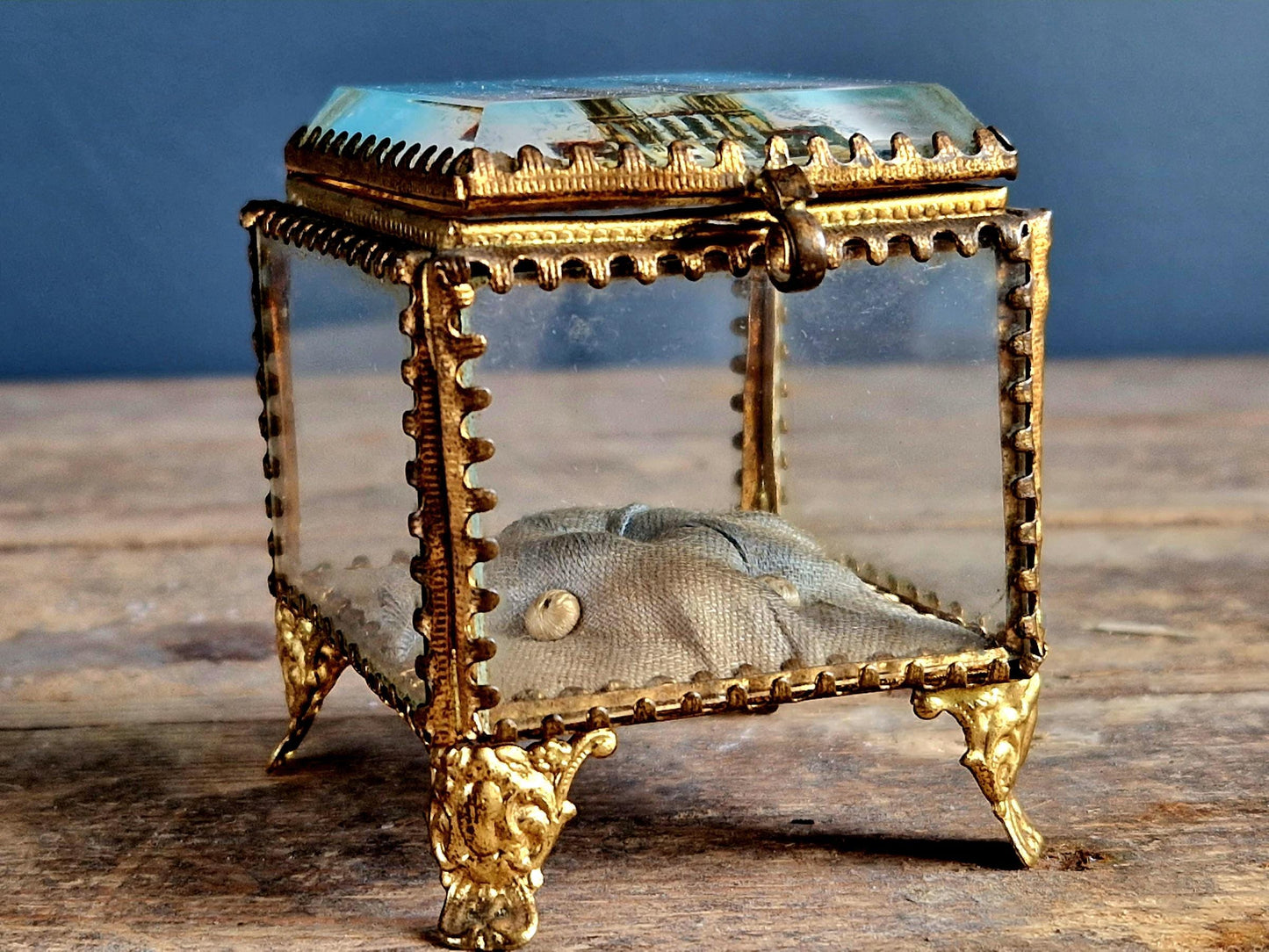 French antique glass jewelry box with silk lining