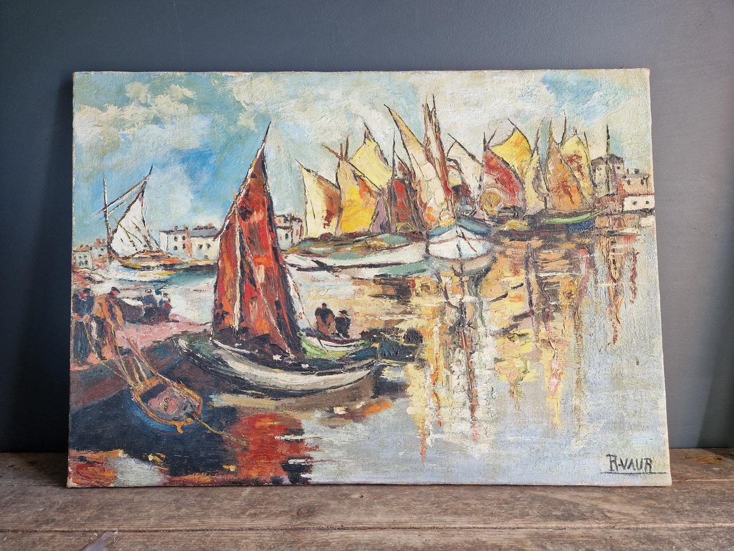 French boat oil painting French art Mid century oil painting.