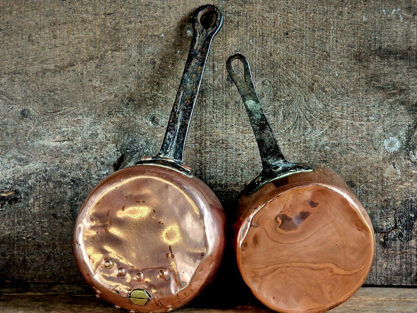 French copper pots and pans.Antique copper pans.