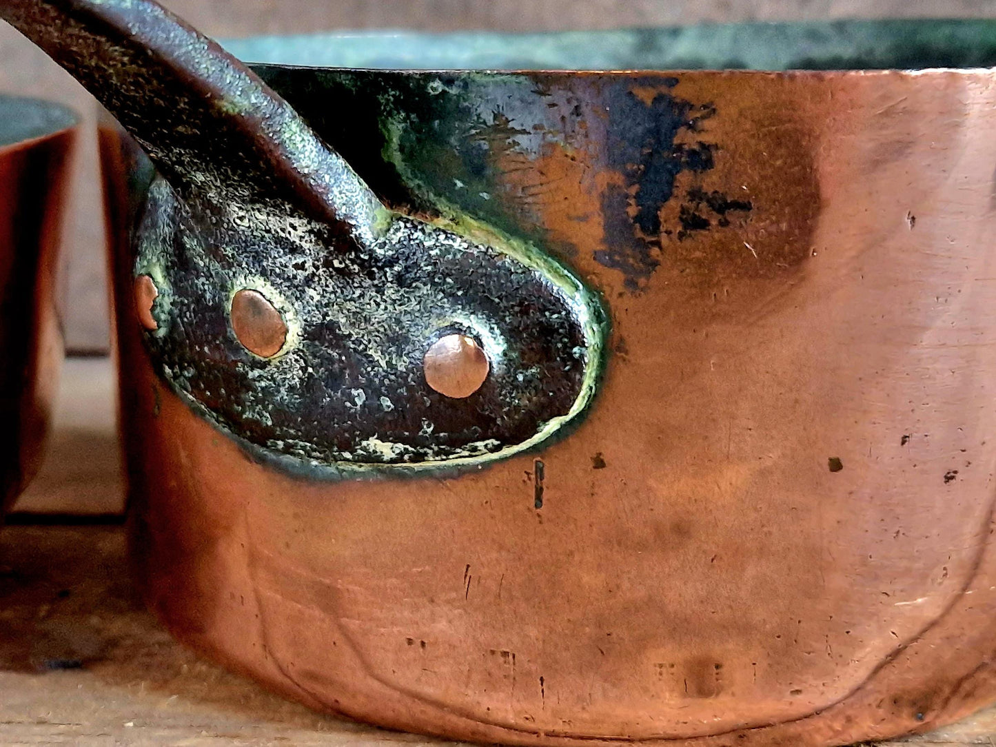 French copper pots and pans.Antique copper pans.