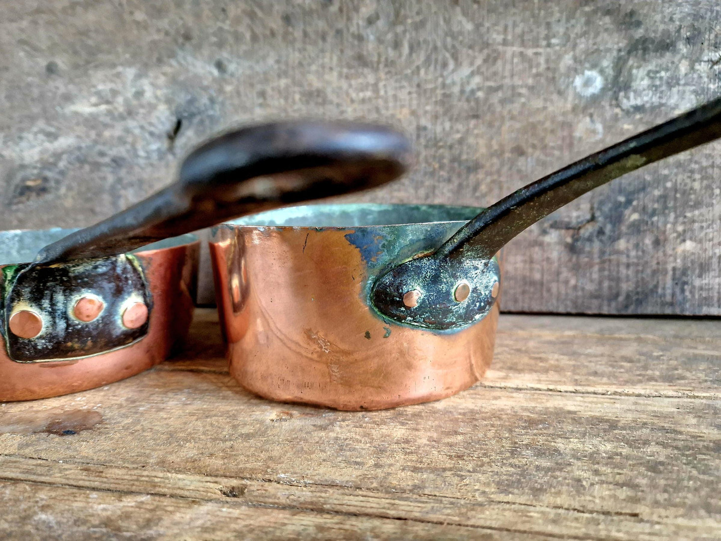French copper pots and pans.Antique copper pans.
