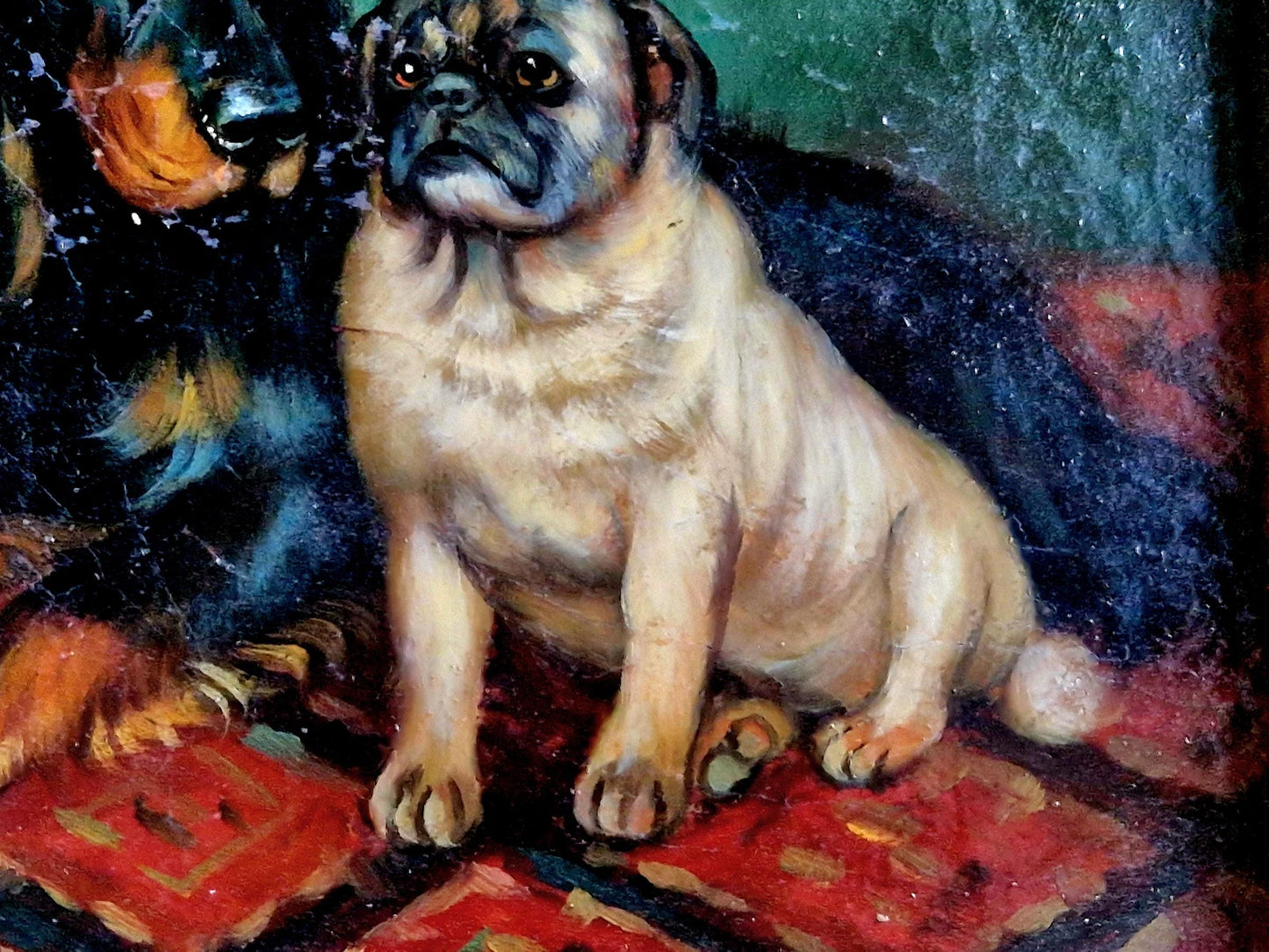 Peinture à l'huile française vintage : Art représentant des carlins et des épagneuls