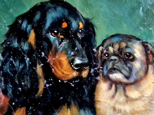 Peinture à l'huile française vintage : Art représentant des carlins et des épagneuls