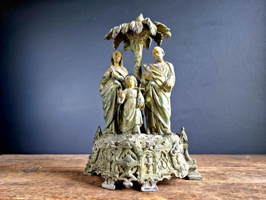 Statue religieuse française antique : Marie, Joseph et Jésus