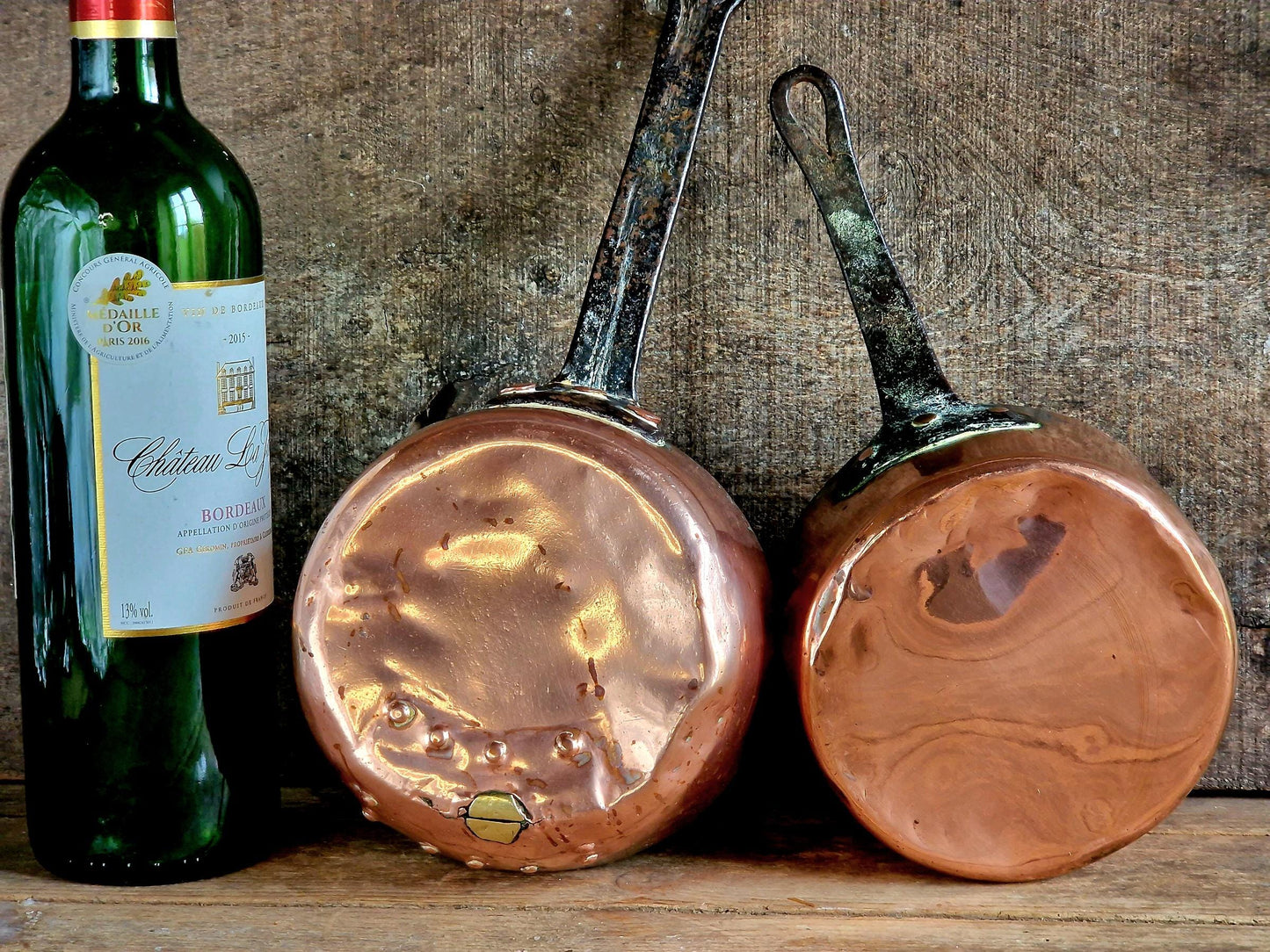 French copper pots and pans.Antique copper pans.