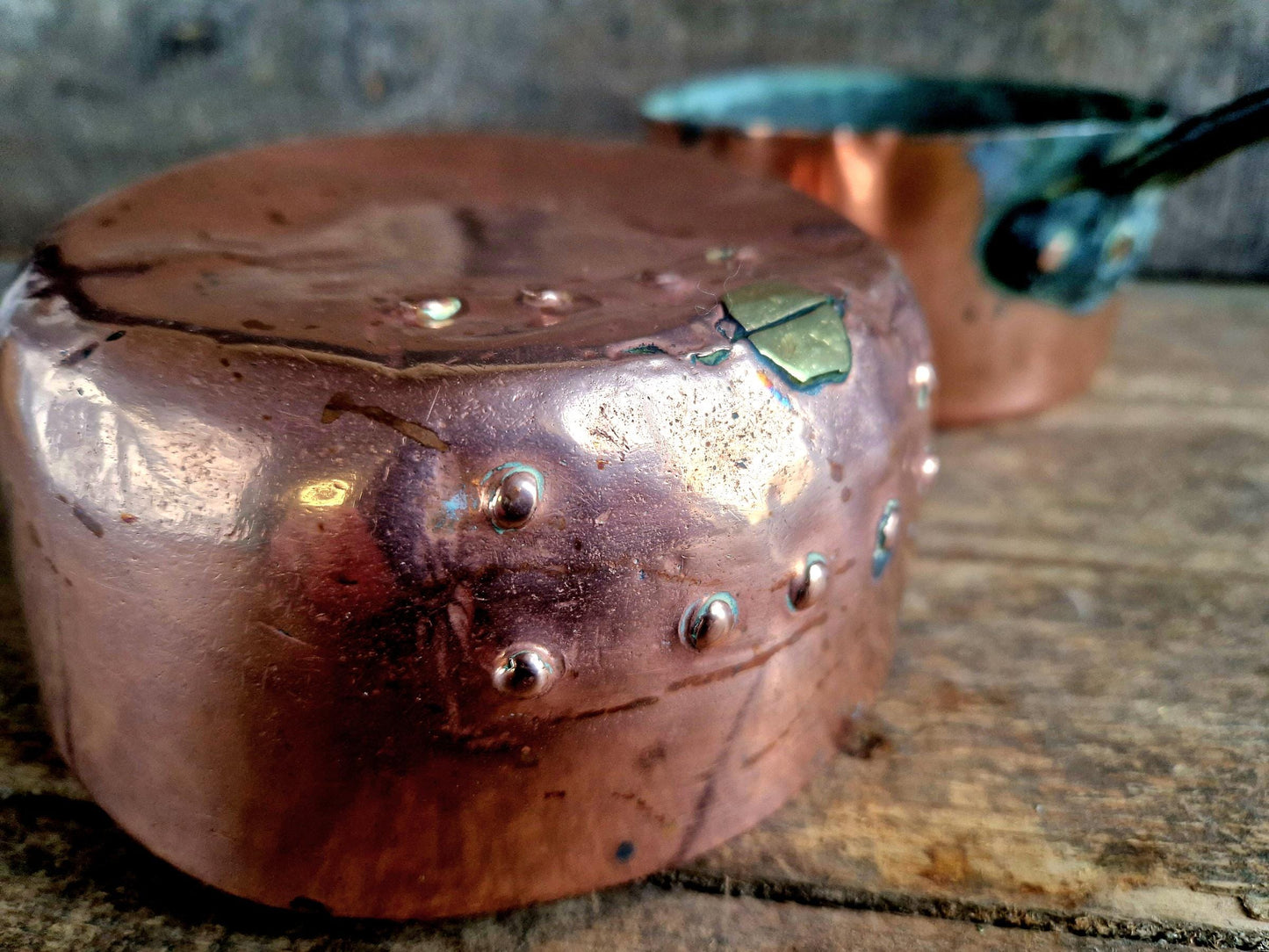 French copper pots and pans.Antique copper pans.