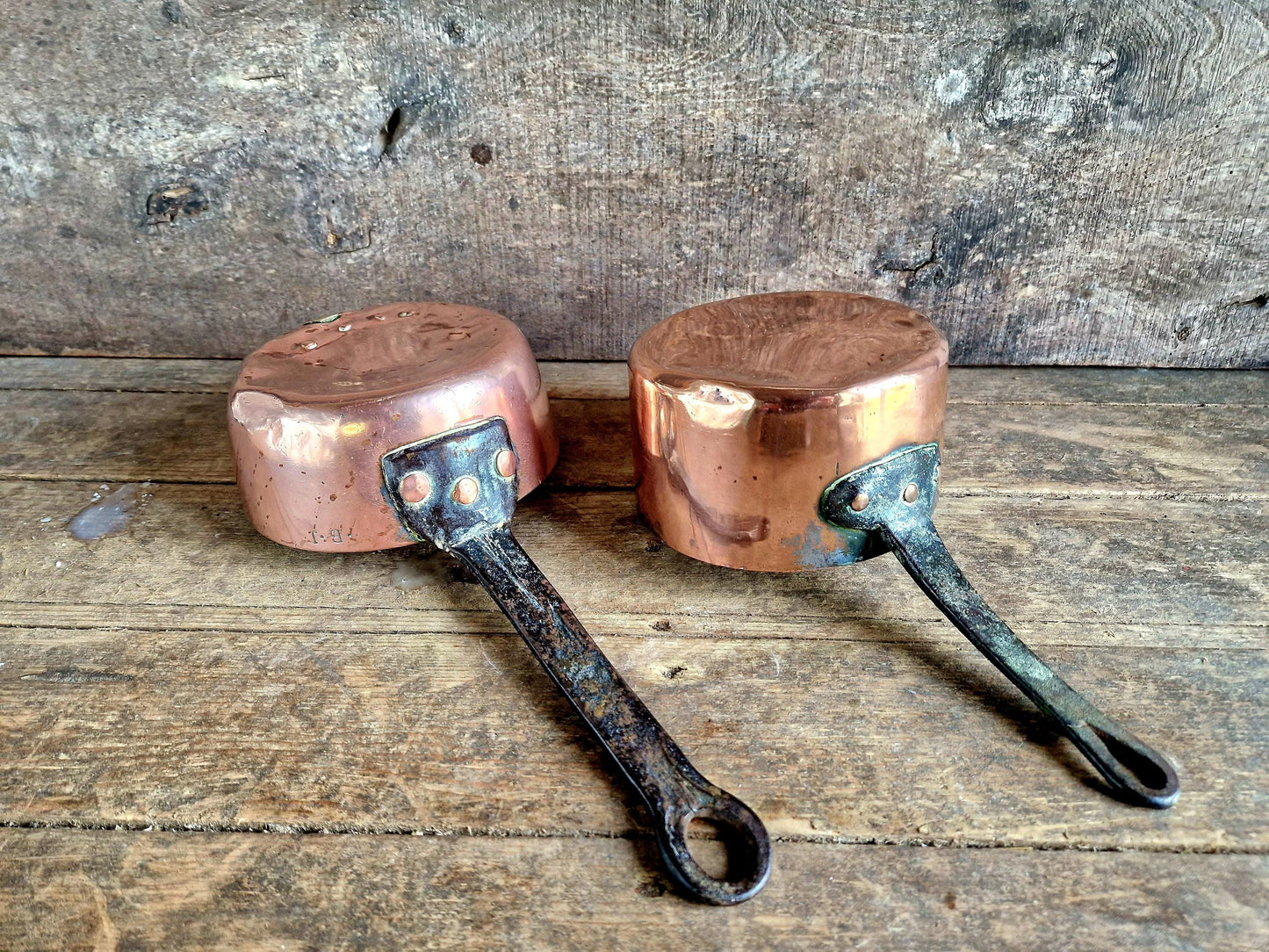 French copper pots and pans.Antique copper pans.