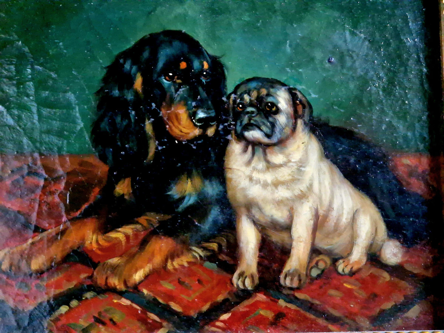 Peinture à l'huile française vintage : Art représentant des carlins et des épagneuls