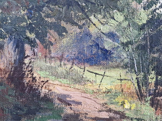 Tableau à l'huile vintage représentant une forêt française, décor rustique de campagne