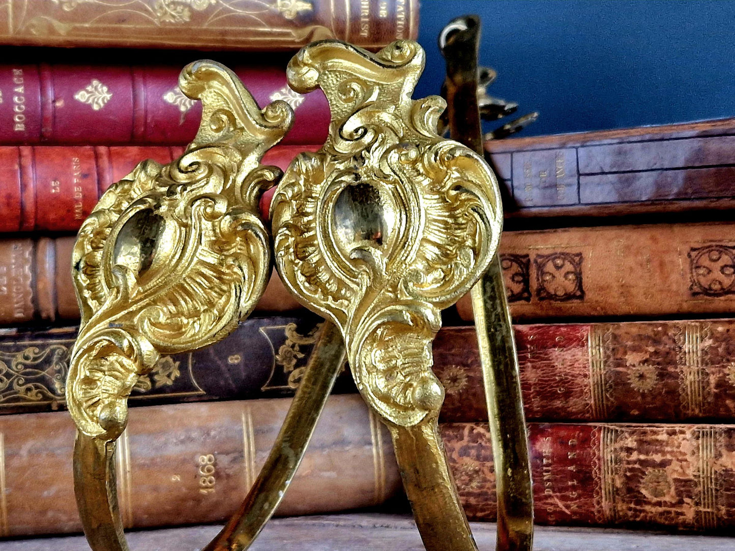 French gilt brass curtain tiebacks. Pair of French rococo style gilt brass tiebacks.