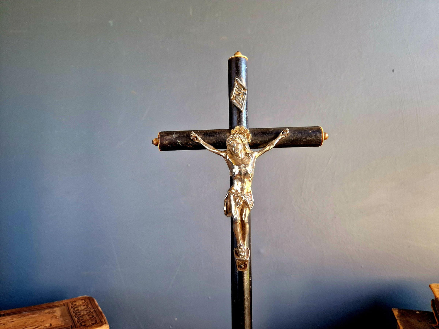 Antique crucifix French black wooden Napoleon III crucifix.
