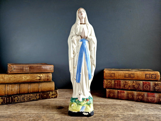 French vintage Virgin Mary glazed pottery statue Madonna statue.