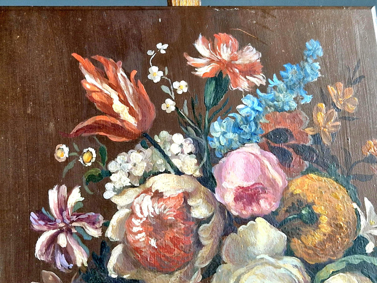 French Floral Oil Painting on Copper: Vintage European Wall Art (6x7 in)
