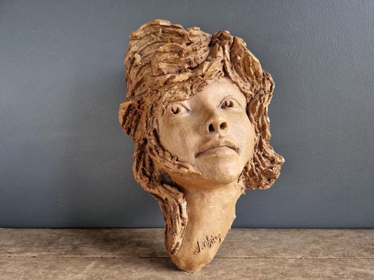 French Art Nouveau clay head of a child plaque by J Chiron French art Clay sculpture Country house decor European art French antiques.