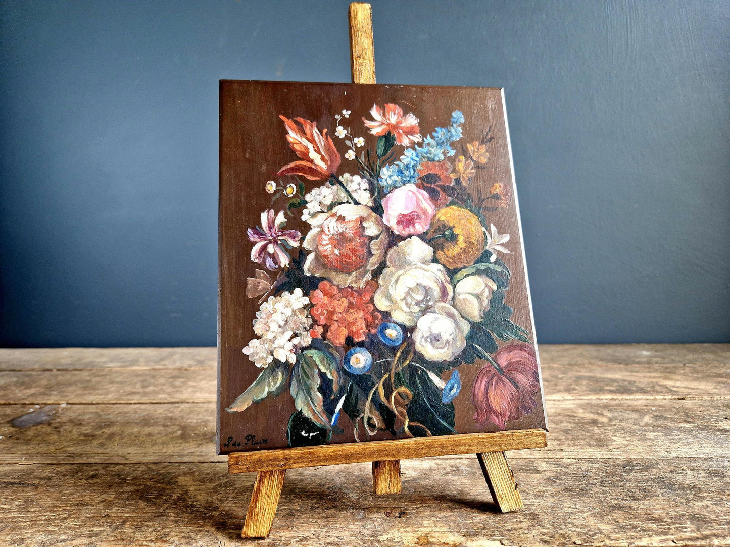 French Floral Oil Painting on Copper: Vintage European Wall Art (6x7 in)