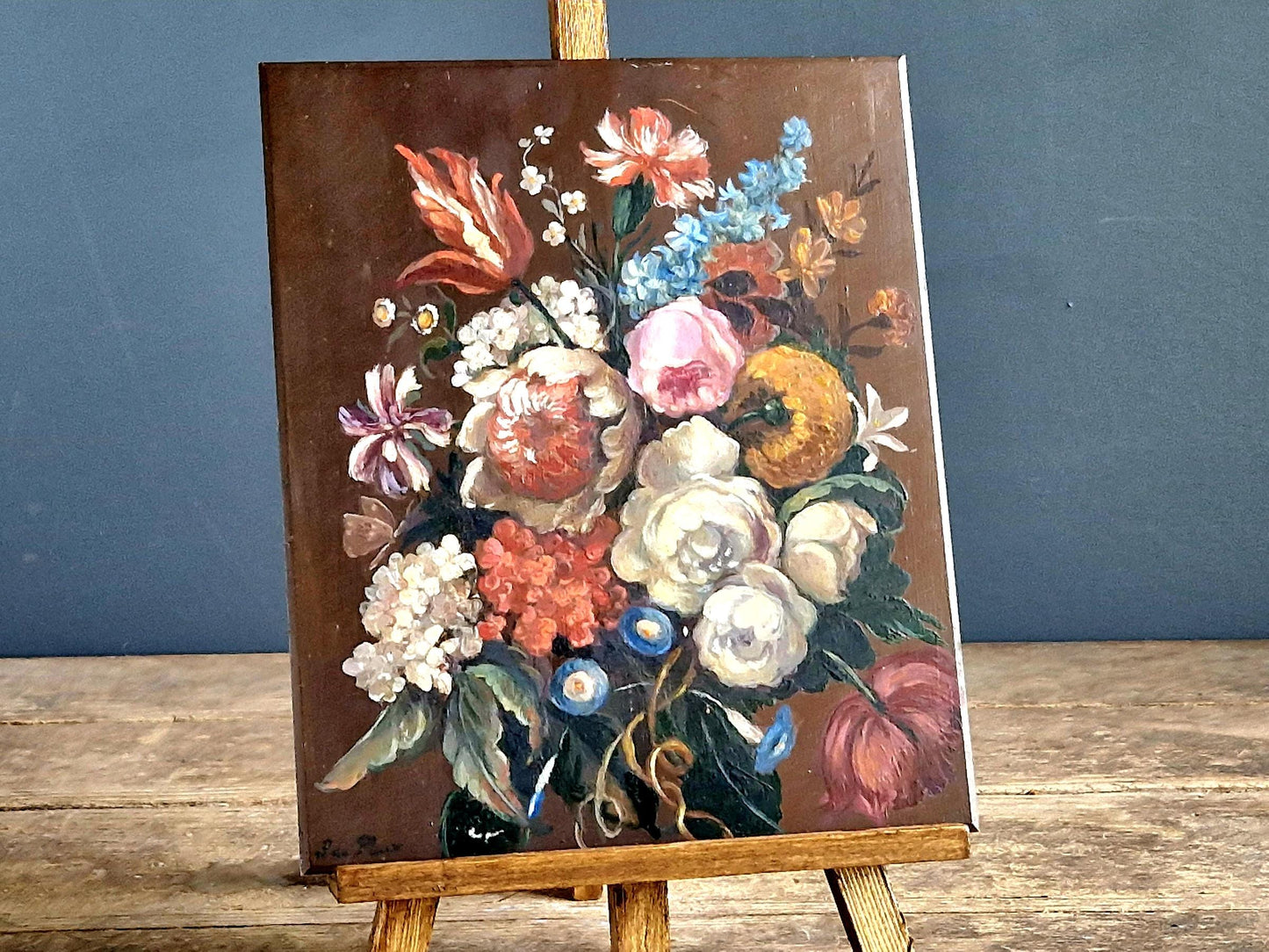 French Floral Oil Painting on Copper: Vintage European Wall Art (6x7 in)