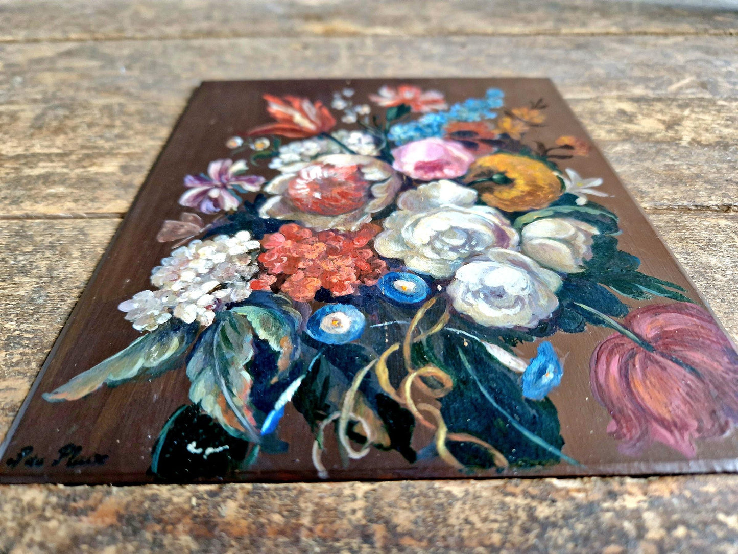 French Floral Oil Painting on Copper: Vintage European Wall Art (6x7 in)