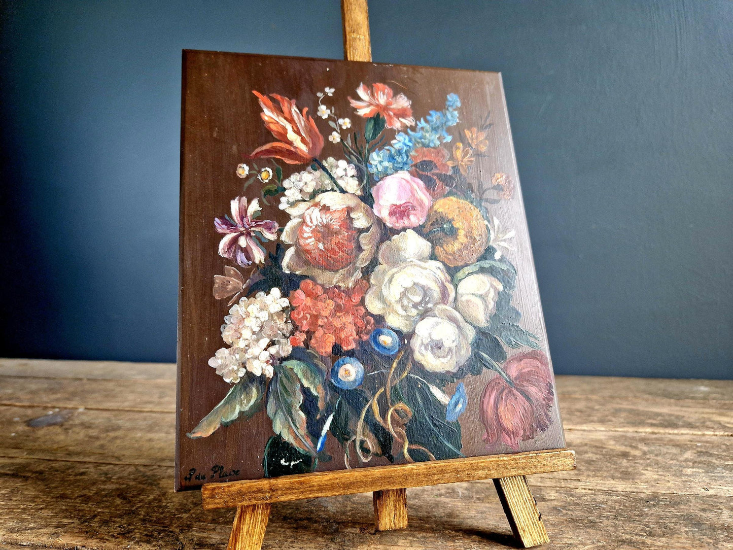French Floral Oil Painting on Copper: Vintage European Wall Art (6x7 in)