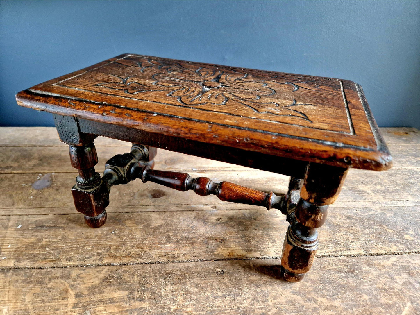 French antique wooden stool table Farmhouse stool.