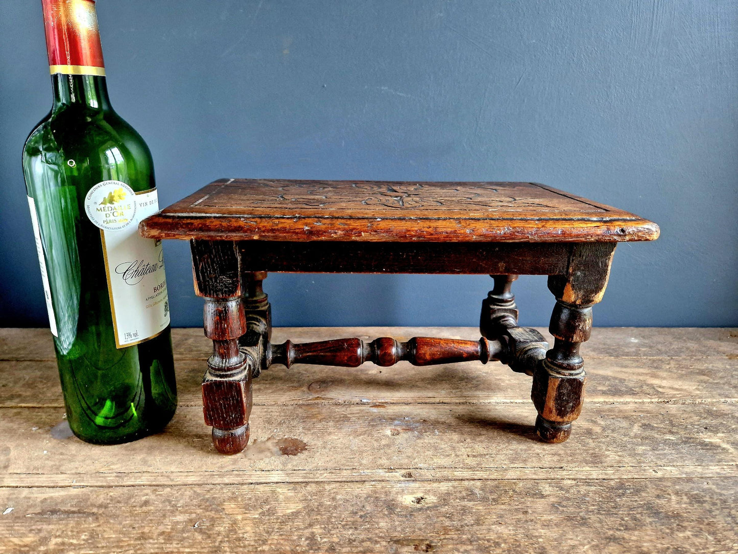 French antique wooden stool table Farmhouse stool.