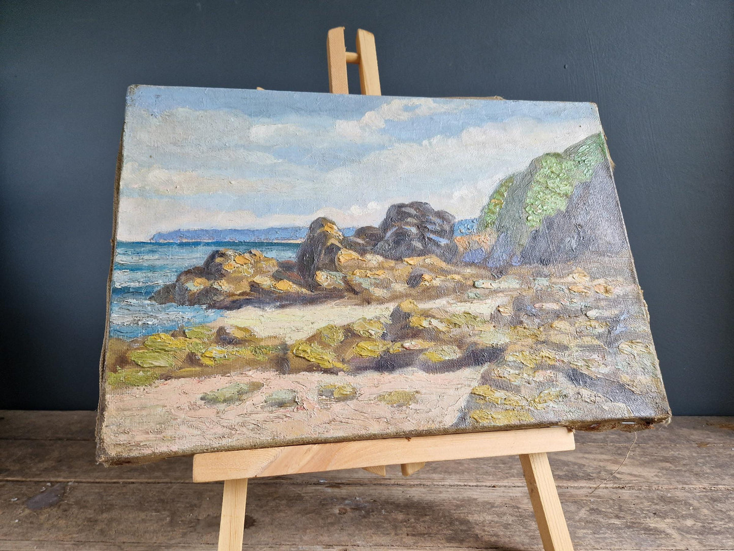 Peinture à l'huile française ancienne : paysage marin côtier, début du XXe siècle