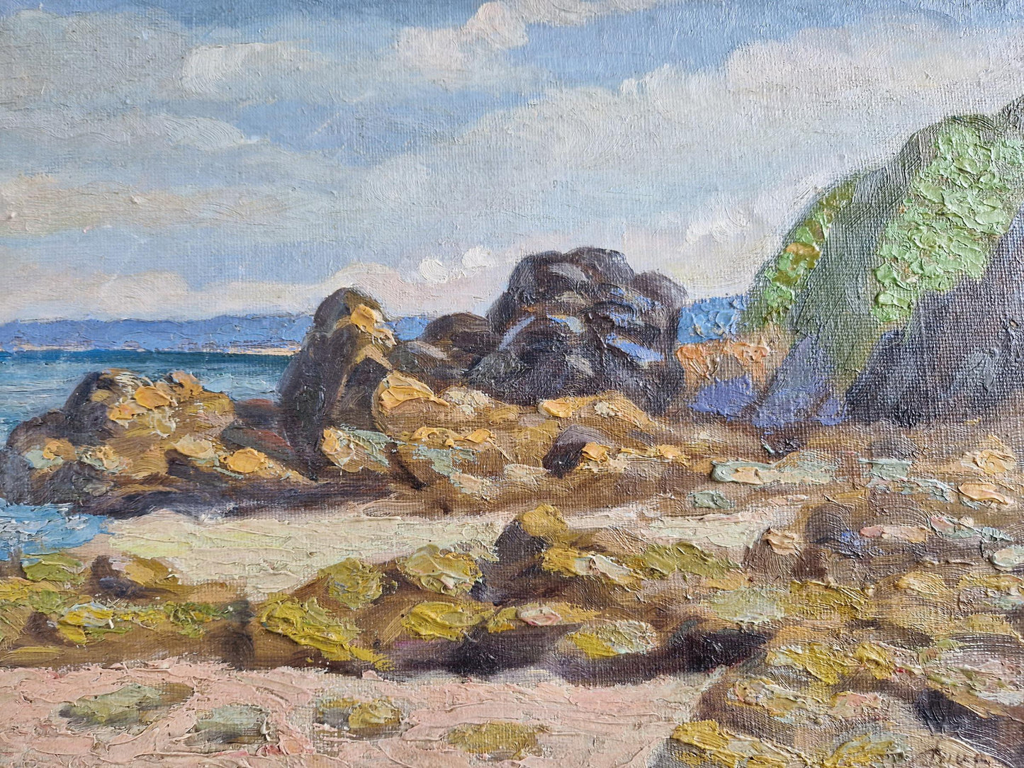 Peinture à l'huile française ancienne : paysage marin côtier, début du XXe siècle