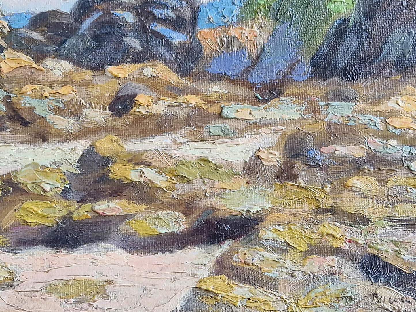 Peinture à l'huile française ancienne : paysage marin côtier, début du XXe siècle
