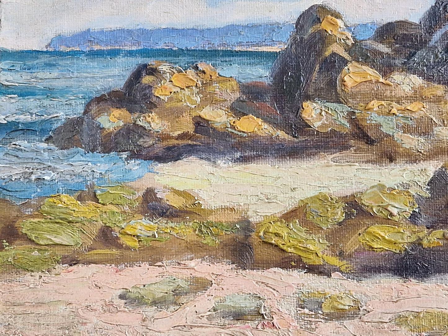 Peinture à l'huile française ancienne : paysage marin côtier, début du XXe siècle
