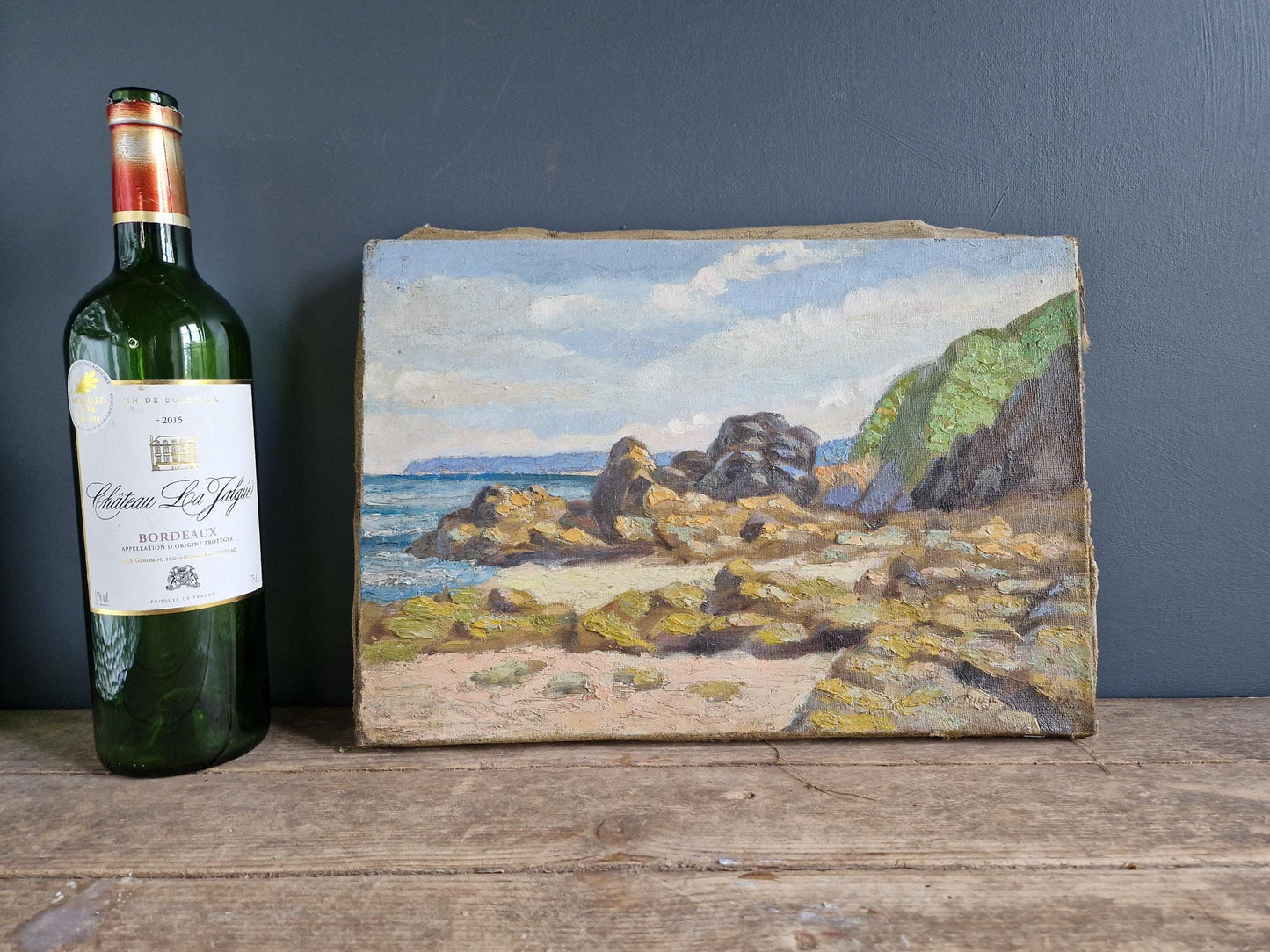 Peinture à l'huile française ancienne : paysage marin côtier, début du XXe siècle