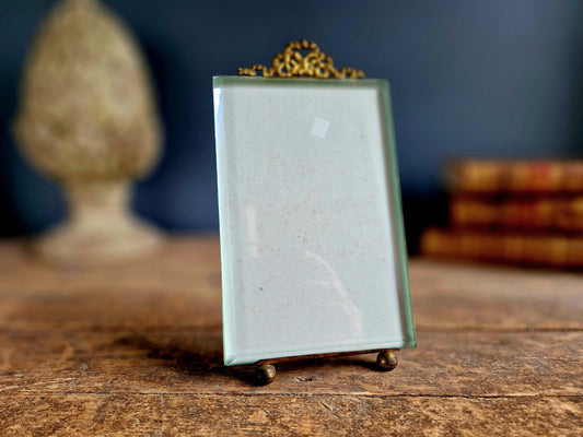 Cadre photo ancien français en verre biseauté : Décoration ruban Château