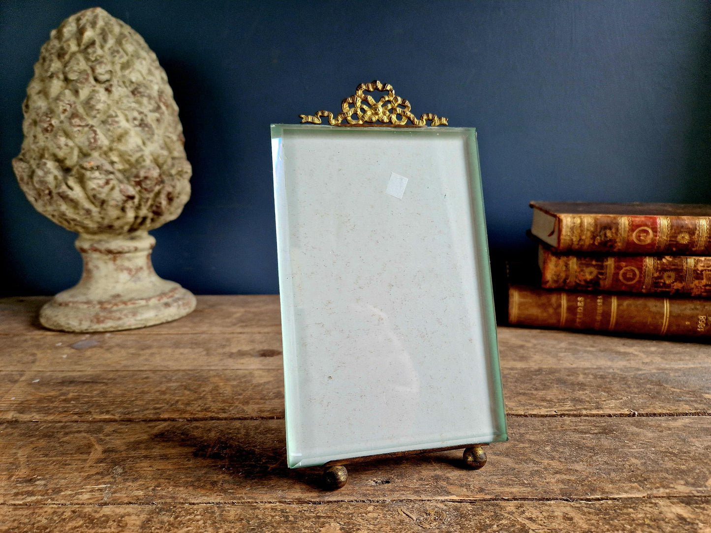 French Antique Beveled Glass Photo Frame: Chateau Ribbon Decor