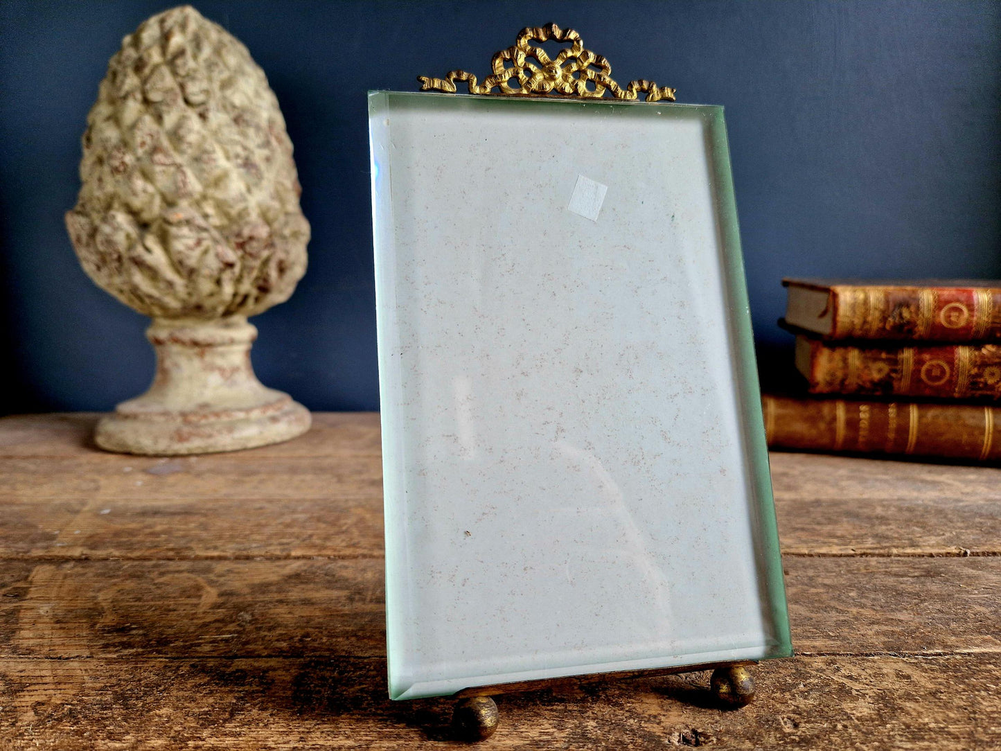 French Antique Beveled Glass Photo Frame: Chateau Ribbon Decor