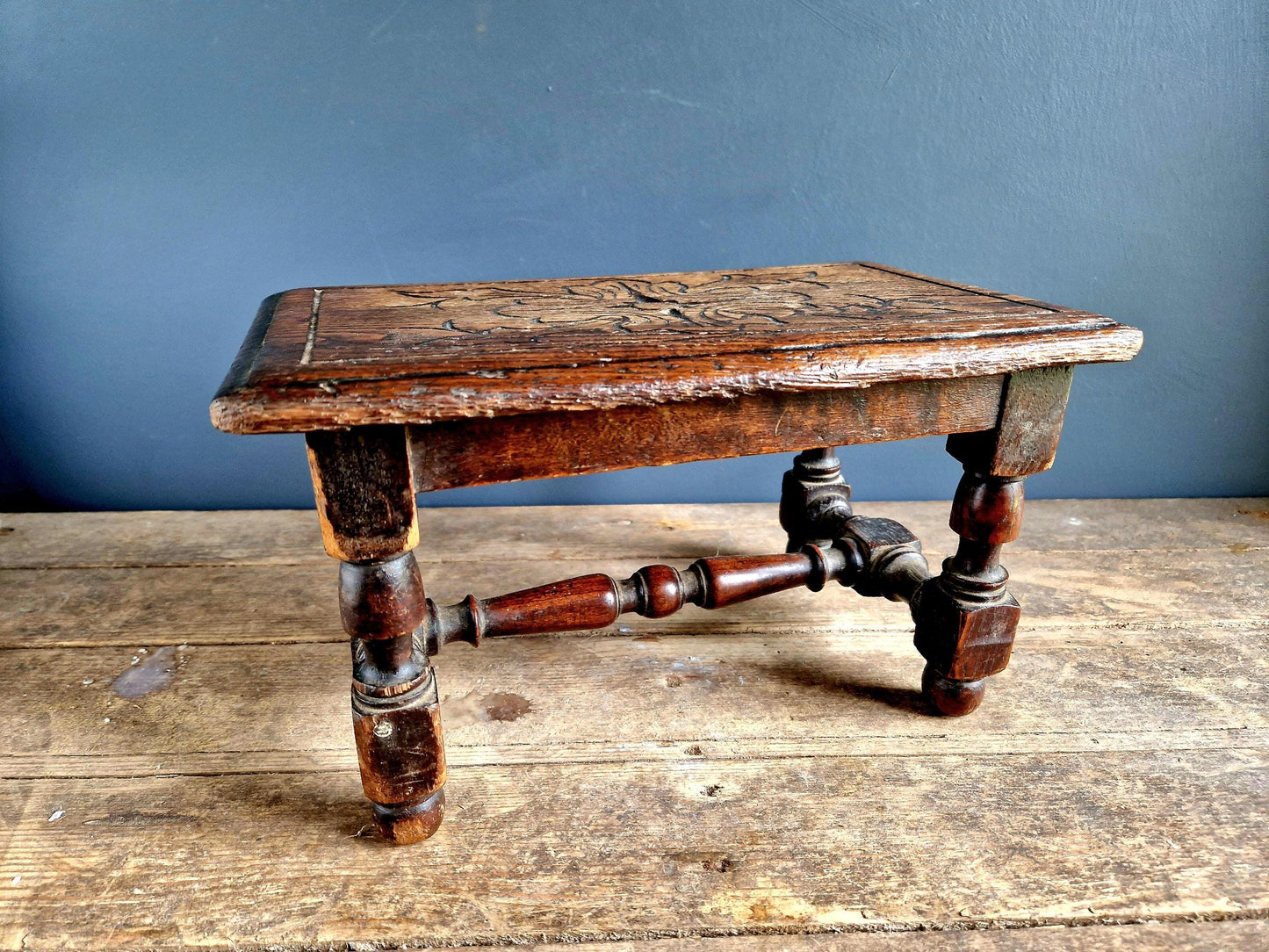 French antique wooden stool table Farmhouse stool.