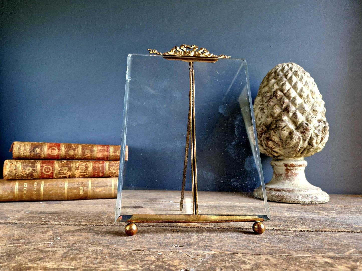 Large French Antique Photo Frame: Beveled Glass, Chateau Ribbon Decor