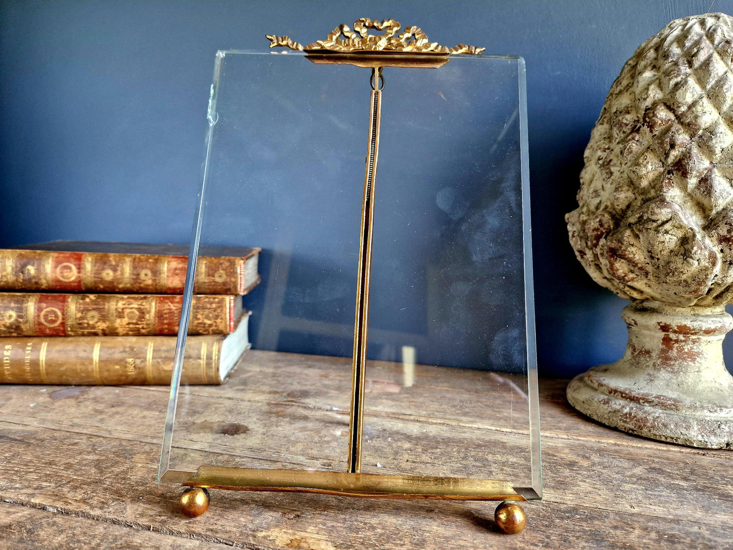 Large French Antique Photo Frame: Beveled Glass, Chateau Ribbon Decor