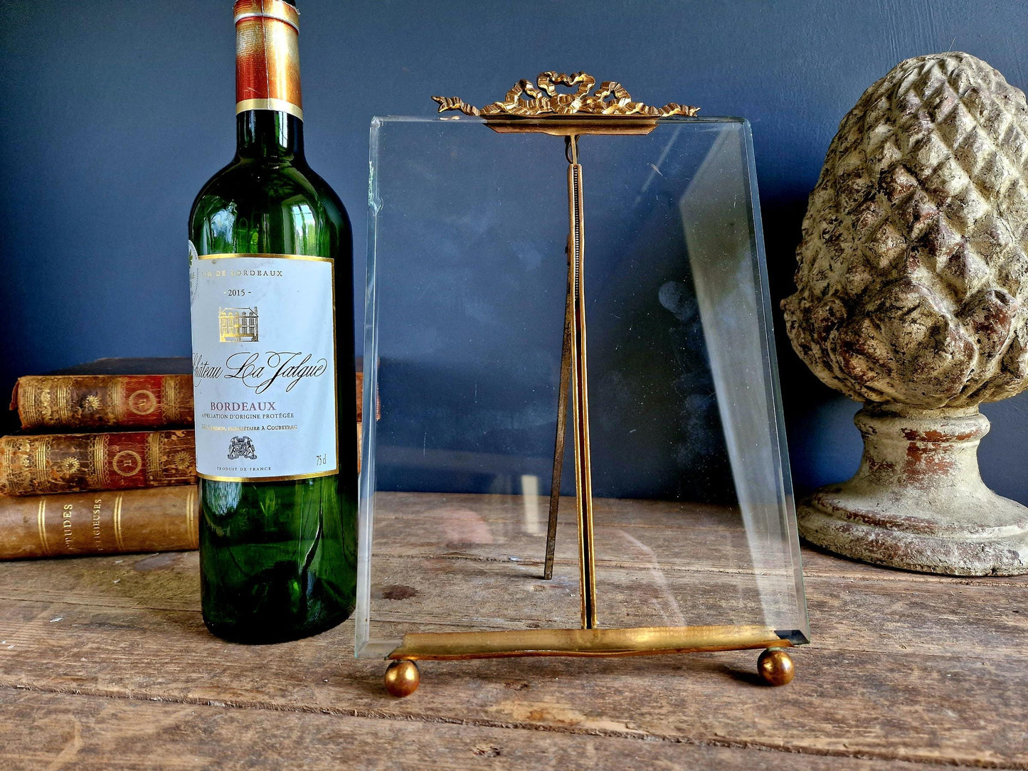 Large French Antique Photo Frame: Beveled Glass, Chateau Ribbon Decor