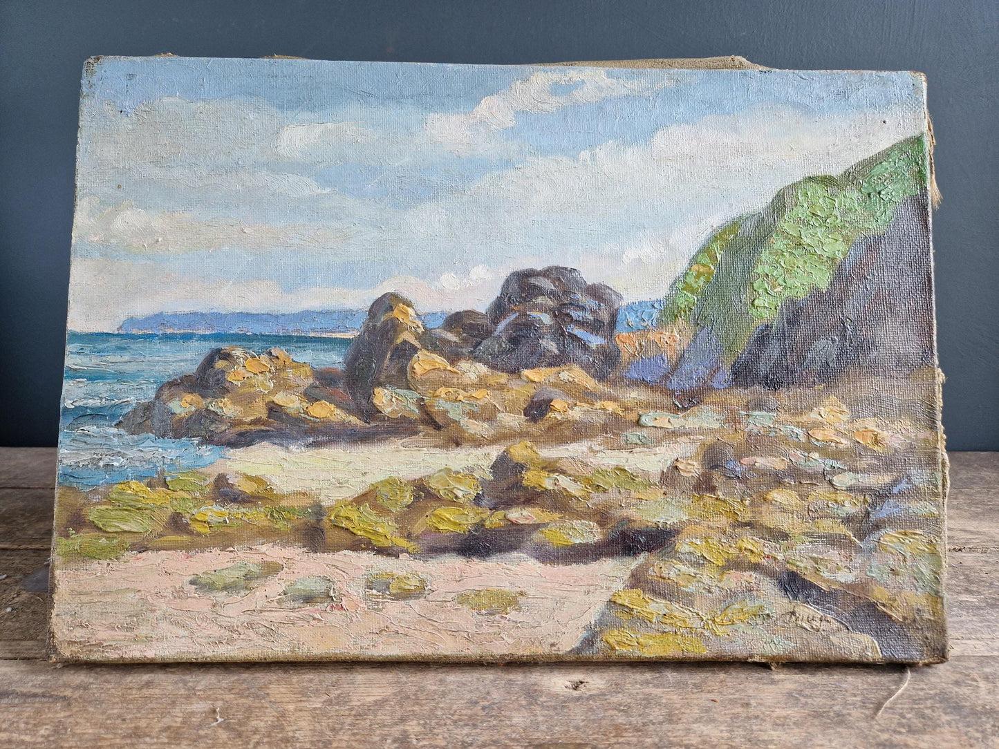 Peinture à l'huile française ancienne : paysage marin côtier, début du XXe siècle