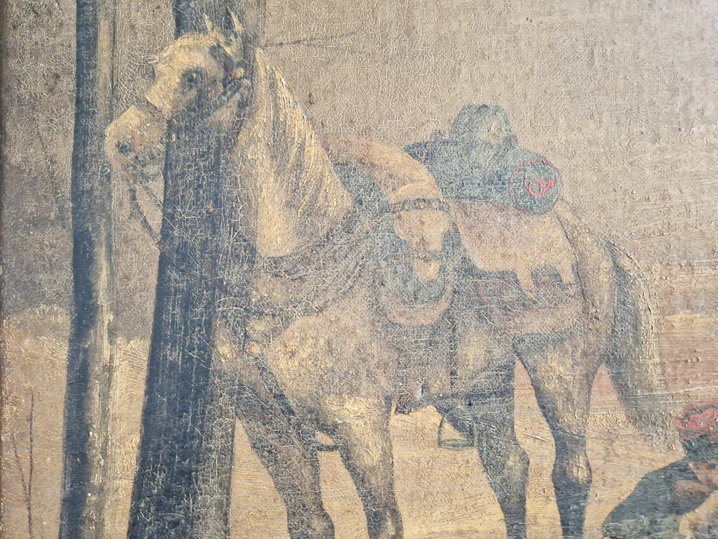 Antique oil painting of soldier and horse French oil painting.