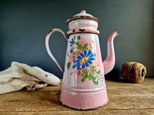 Cafetière vintage belge en émail à motifs floraux, style cottagecore