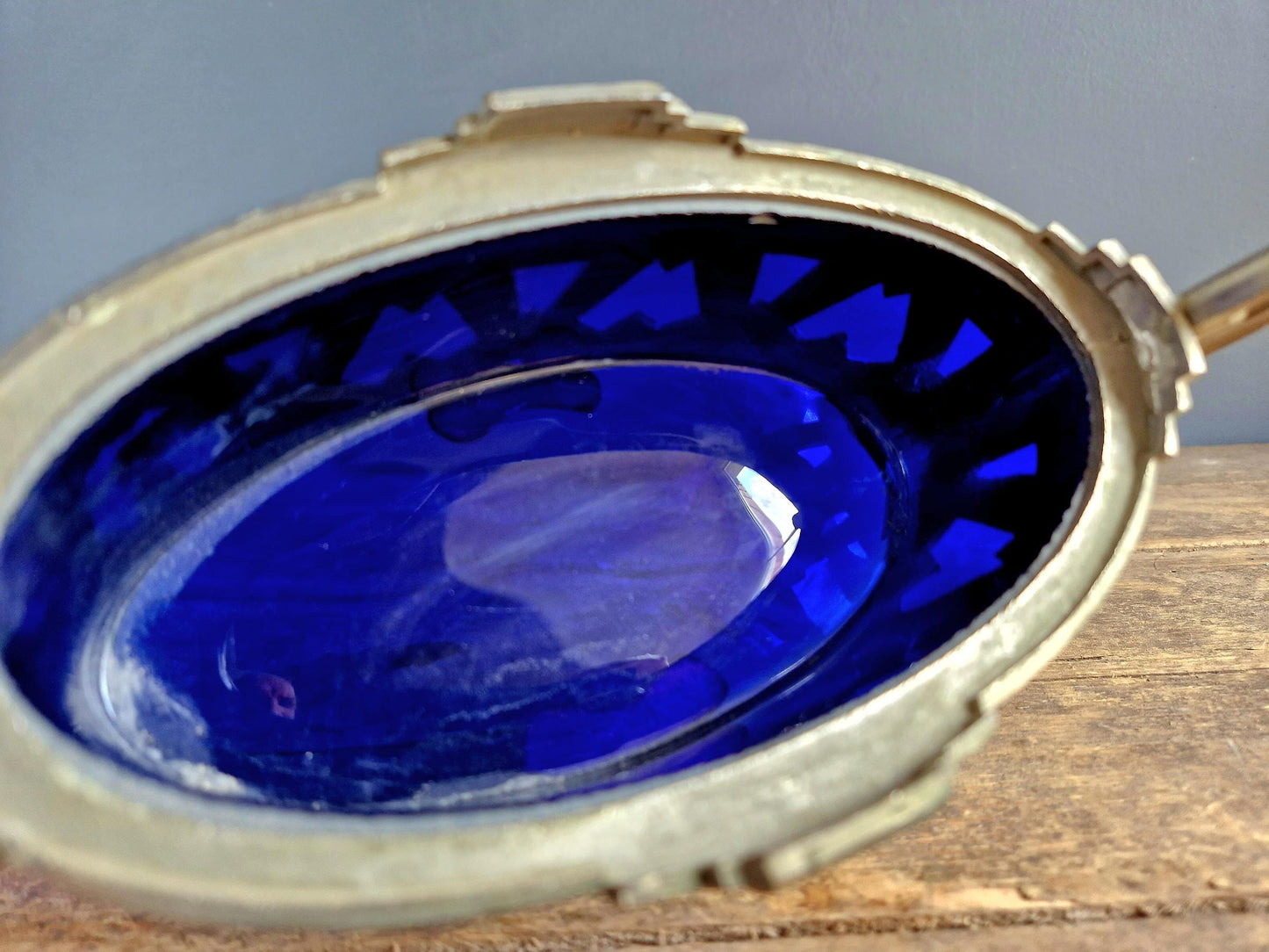 French Art Deco jardinaire. Blue glass lined jardinaire.