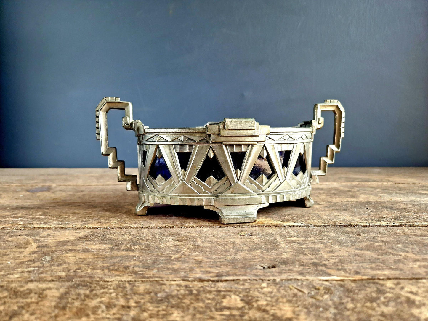 French Art Deco jardinaire. Blue glass lined jardinaire.