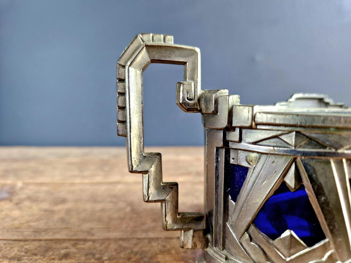 French Art Deco jardinaire. Blue glass lined jardinaire.