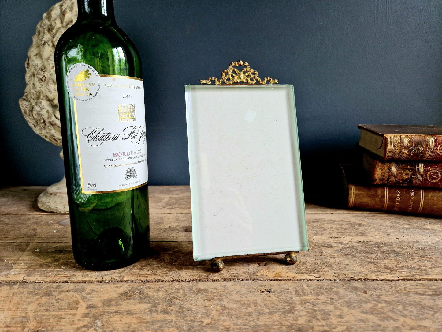 French Antique Beveled Glass Photo Frame: Chateau Ribbon Decor