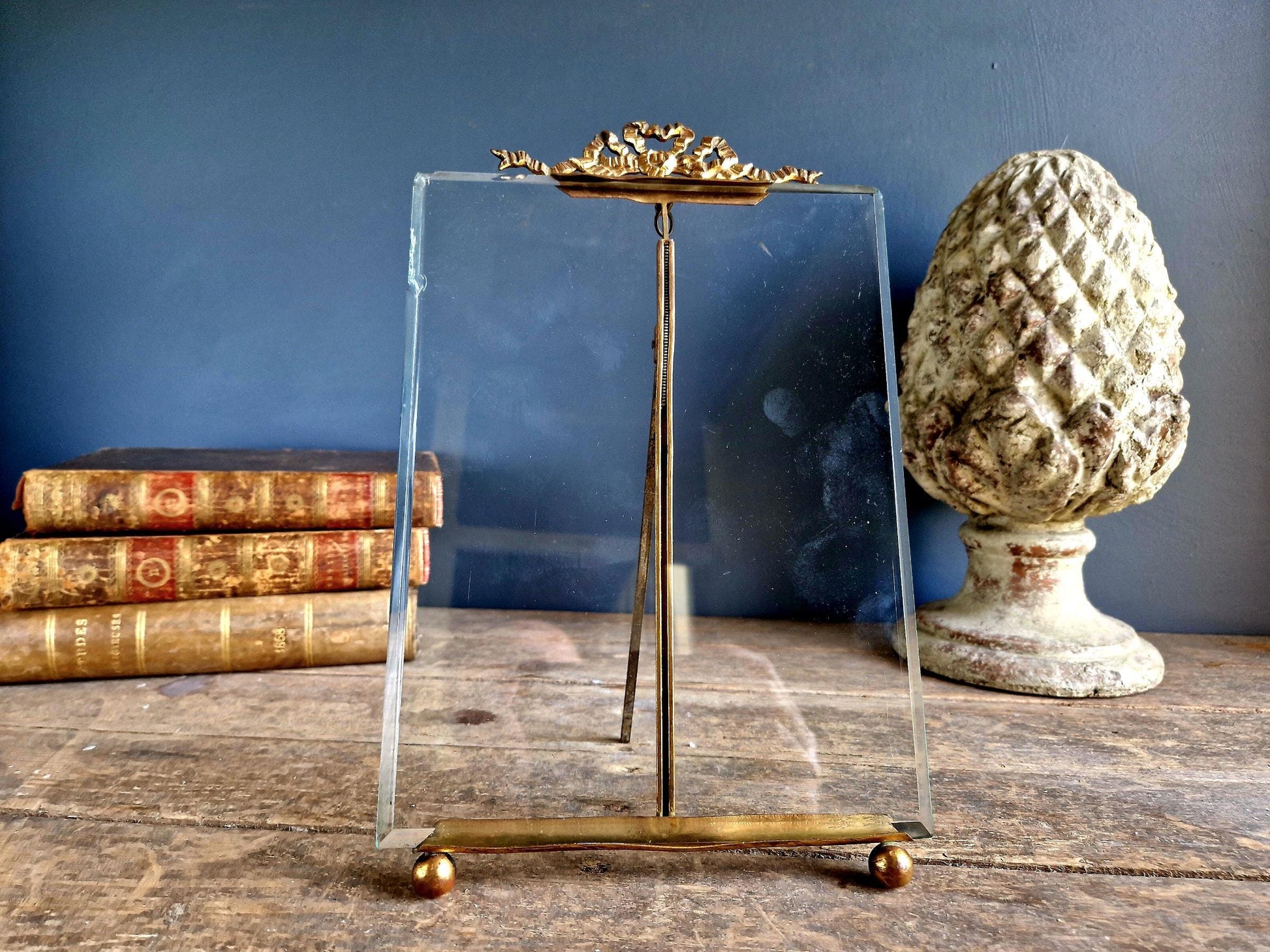 French antique glass photo frame with ribbon decor.