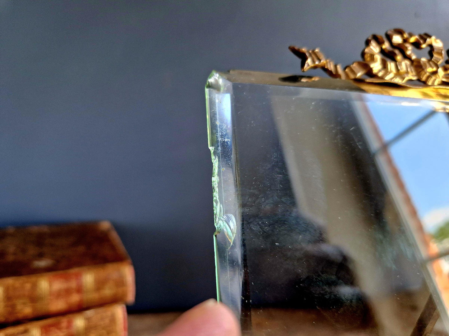 Large French Antique Photo Frame: Beveled Glass, Chateau Ribbon Decor