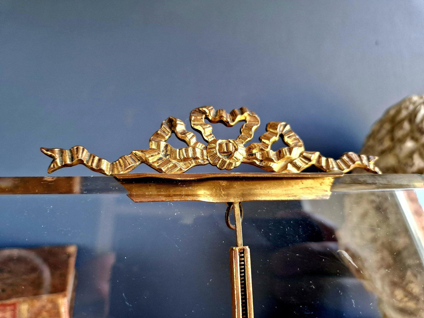 Large French Antique Photo Frame: Beveled Glass, Chateau Ribbon Decor