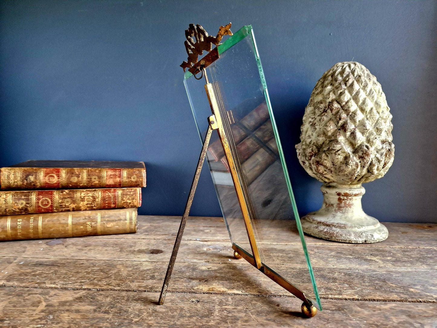 Large French Antique Photo Frame: Beveled Glass, Chateau Ribbon Decor